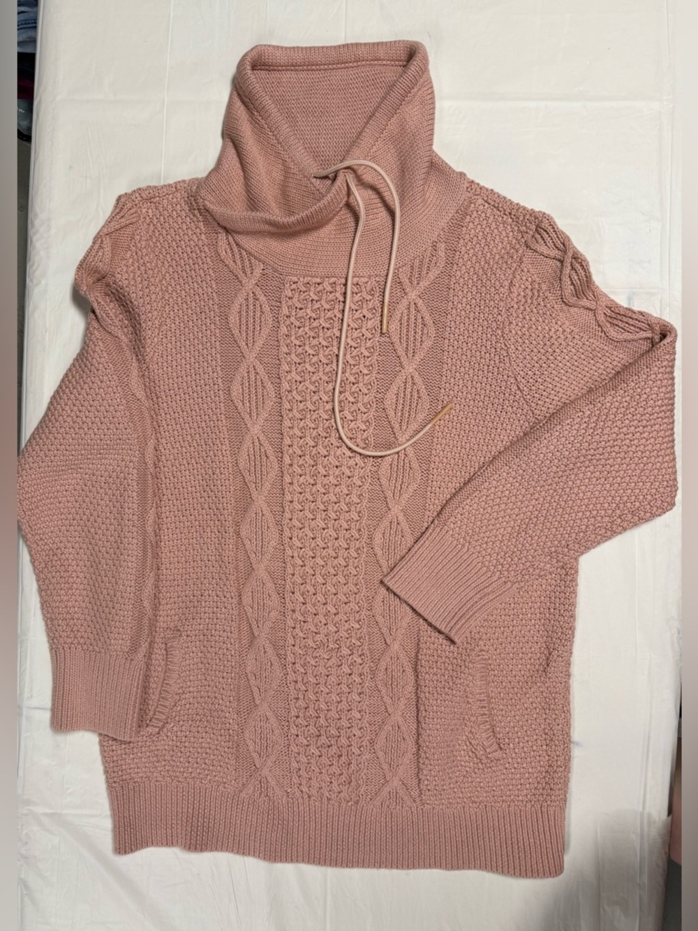 Bean Signature Cable Knit Sweater XL Pink Cowl Neck Cozy Chunky Knit